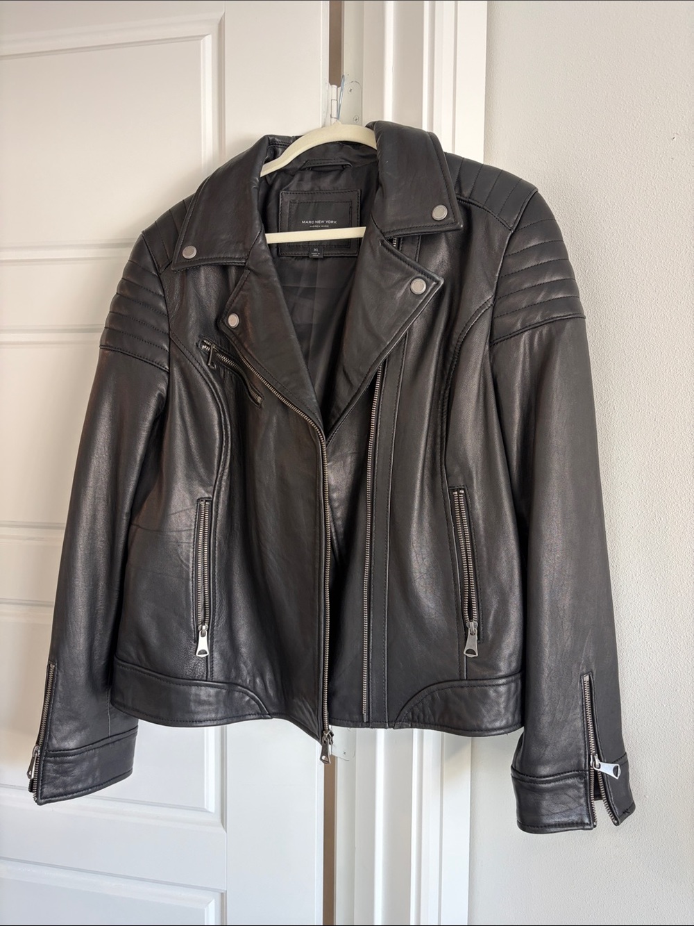 Andrew Marc Black Leather Moto Jacket with Quilted Shoulders and Zip Details